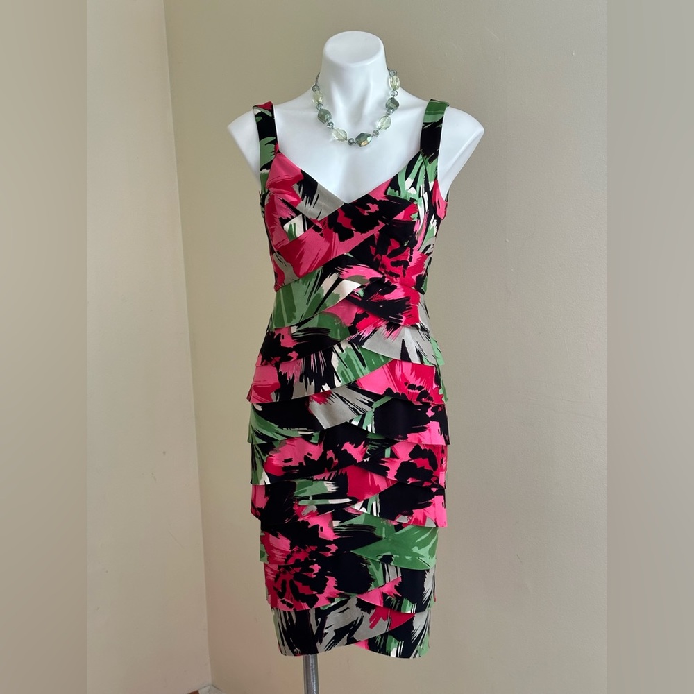 London times pink red Green Black Bodycon Dress SZ 4 layered Strips o lMaterial